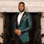 BLACK AND GREEN JACQUARD SINGLE BREASTED TUXEDO SUIT