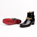 PATENT LEATHER EGGSHELL BOOT WITH GOLD CHAIN