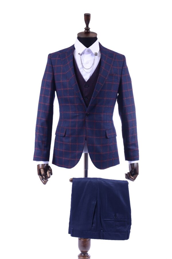 NAVY BLUE AND PLAIDED BURGUNDY 3PIECE SUIT