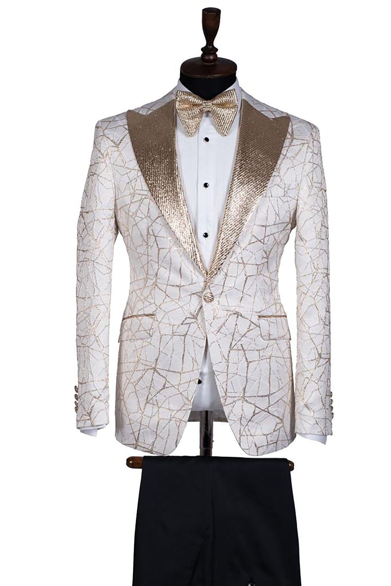 WHITE SINGLE BREASTED & GOLDEN LAPEL SUIT - Stanlion