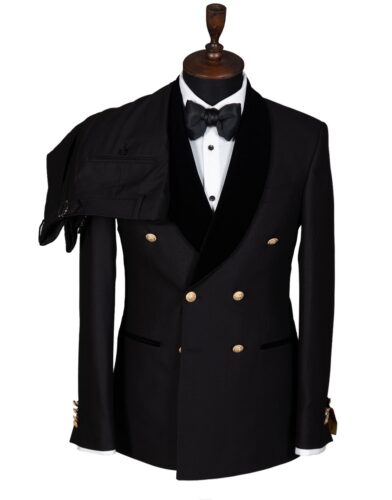 BLACK DOUBLE BREASTED GOLD BUTTON TUXEDO WITH VELVET LAPEL
