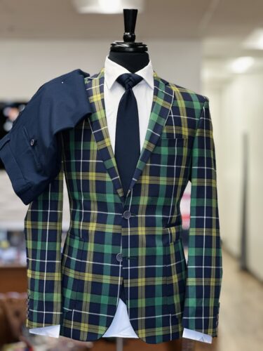 GREEN SINGLE BREASTED BLUE & YELLOWISH STRIPES SUIT