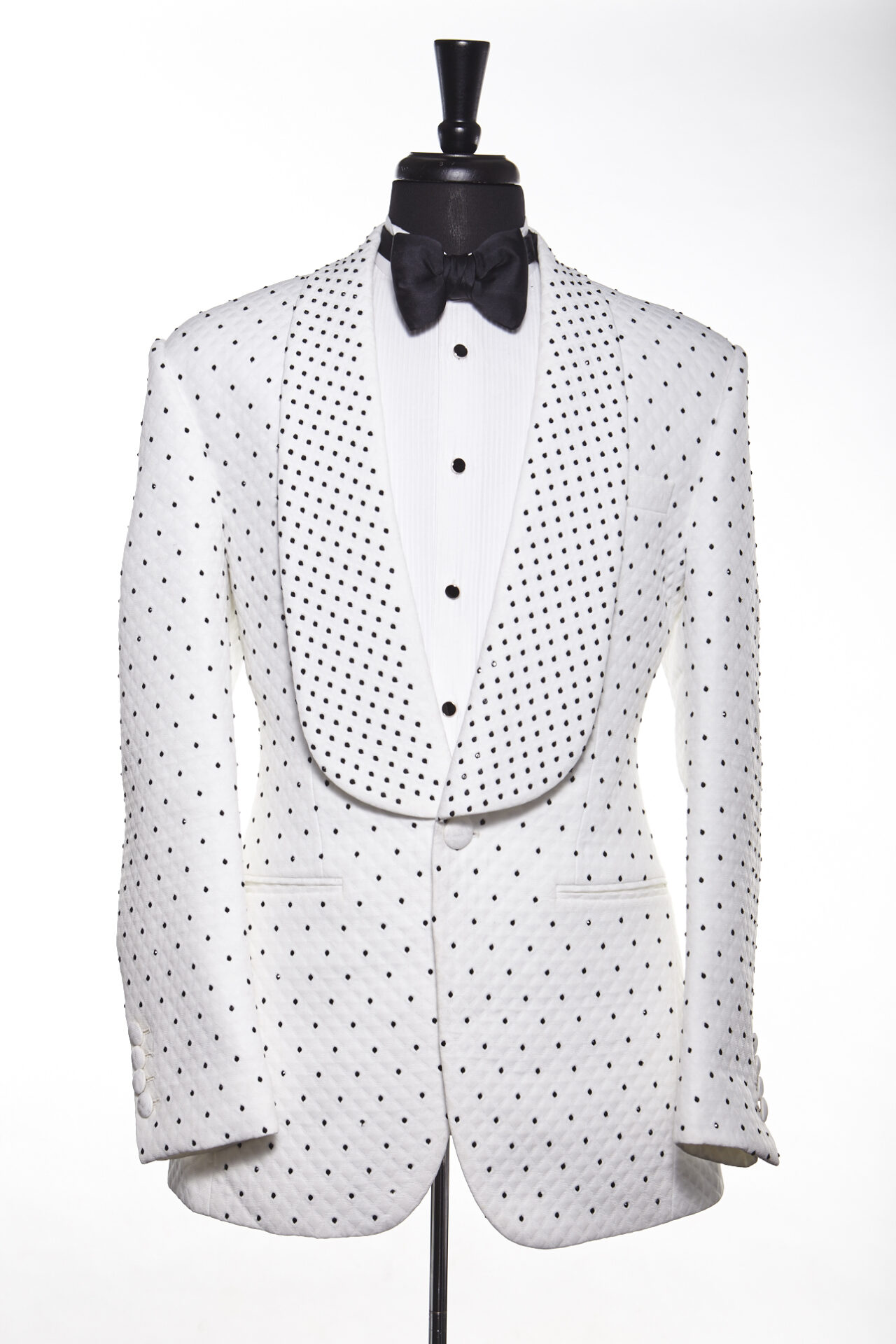 WHITE JACQUARD TUXEDO WITH DOTTED BLACK EMBROIDERED RHINESTONE SUIT -  Stanlion