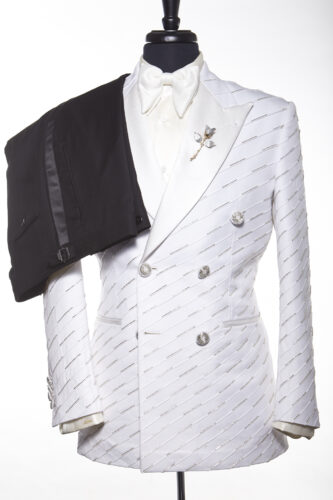 WHITE CLASSIC DELUXE TUXEDO WITH ASYMMETRIC HAND BEADED DIAMOND STONES