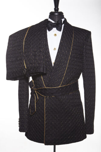 BLACK JACQUARD TUXEDO WITH GOLD TRIM AND BELT